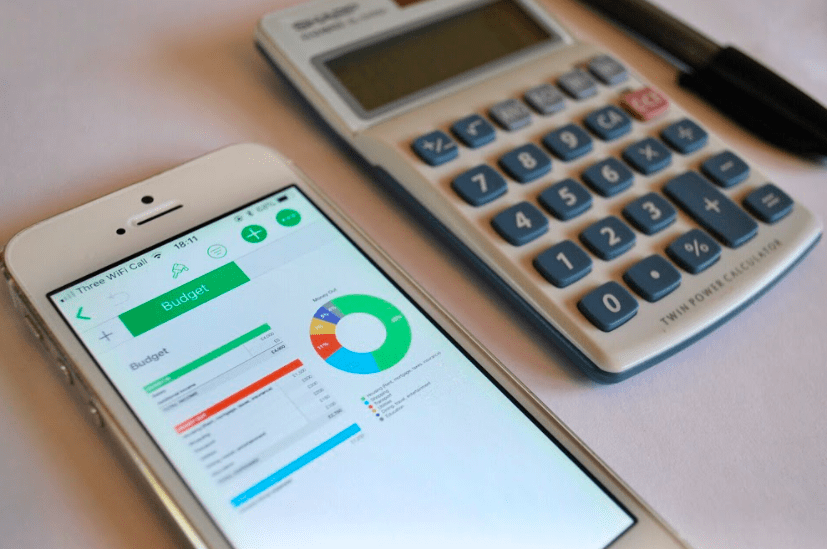calculator and phone used for budgeting
